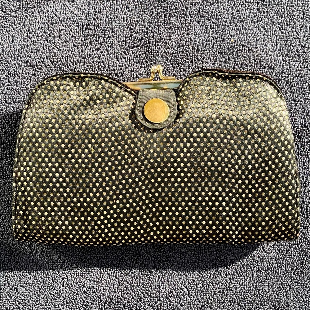 Majestic reversible clutch, one side gold dots one side black velvet w/comb
